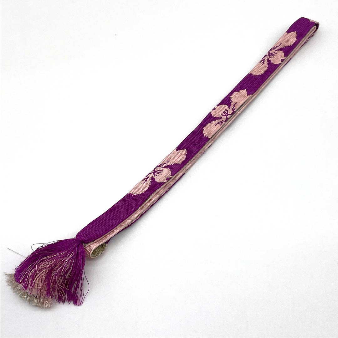 S-Rank Obijime (Sash Band) in Red Bellflower Color (Benikikyoiro) for Furisode Kimono (Formal Kimono) - Classic Floral Pattern, Approximately 163.5cm Long, Approximately 2cm Wide, Purple, Product Number: 1135004082320