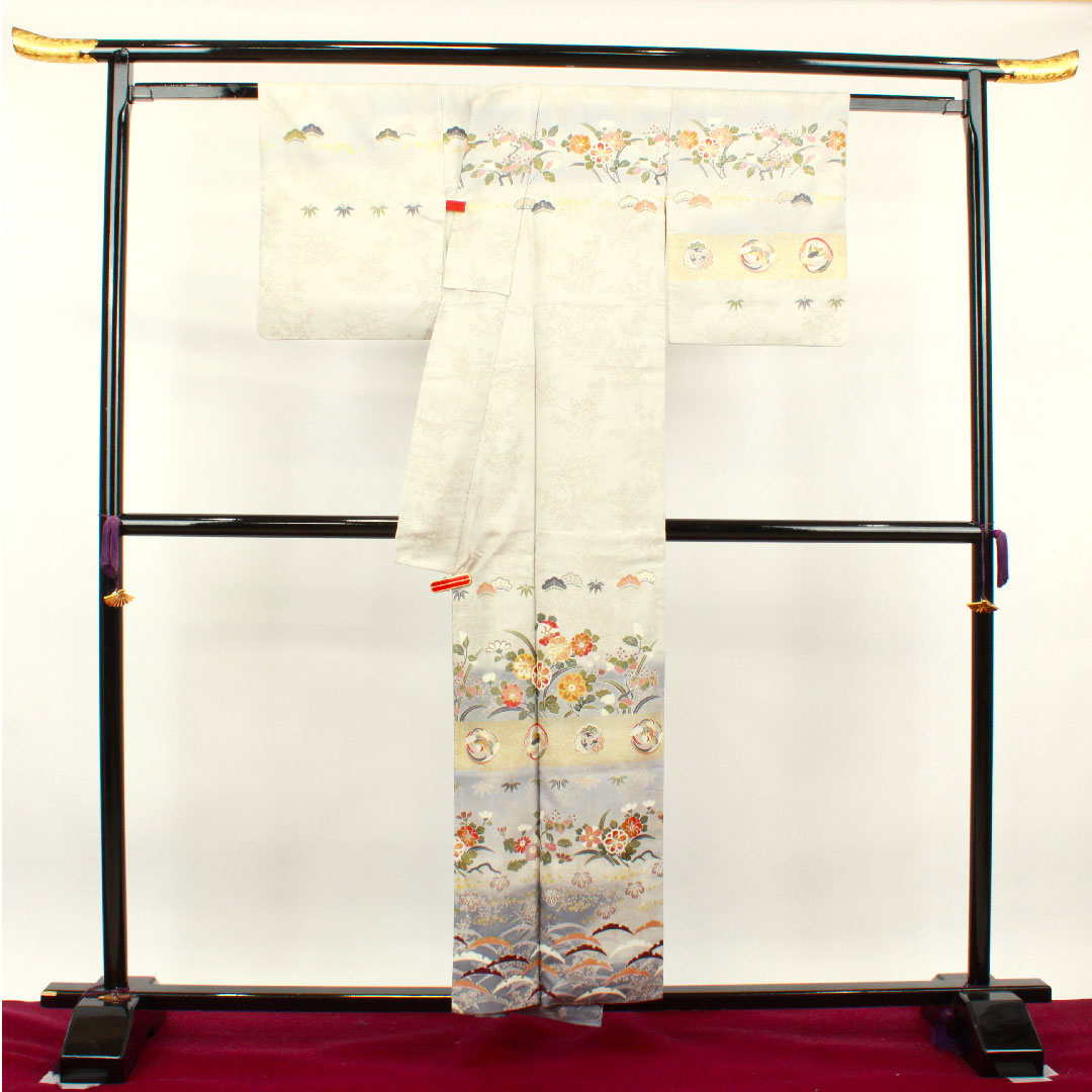 訪問着 正絹 袷 身丈155cm 裄丈61cm 雲井鼠色 京友禅 竹 松 鶴 Aランク グレー系 1112002923322