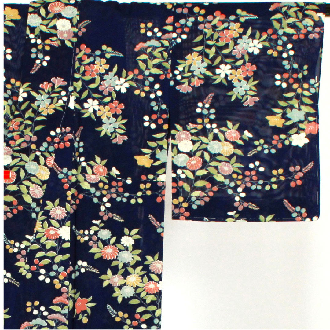 小紋 身丈159cm 裄丈62cm 絽 駒絽 花模様 正絹 Aランク 紺系 1115000743318