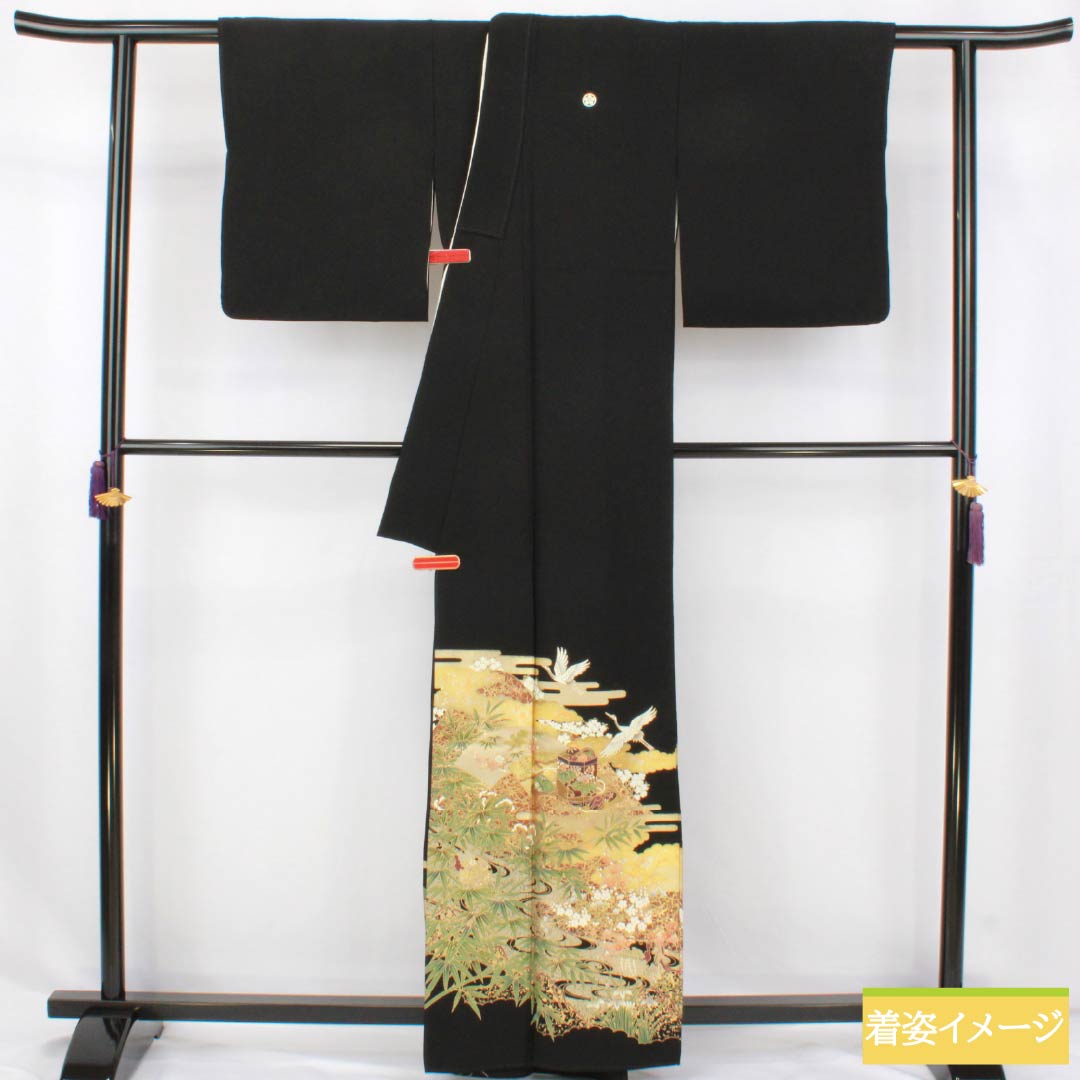 黒留袖 正絹 Aランク 身丈160.5cm 裄丈65cm 袷 京友禅 五つ紋 梅鉢 物語文様 鶴 貝桶 松 五つ紋 黒系 1111002083410
