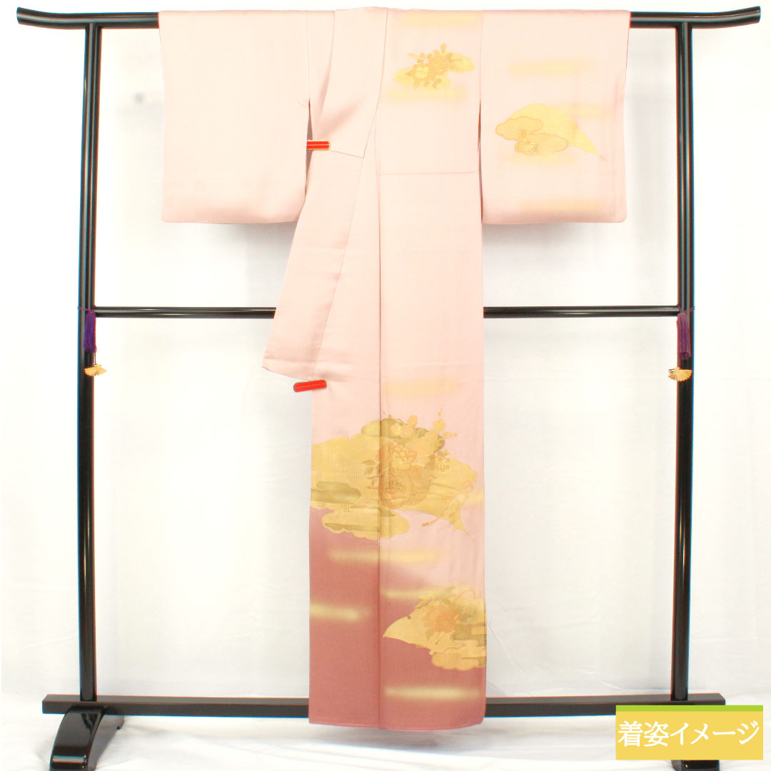 Homongi, pure silk, lined, length 156.5cm, sleeve length 62.5cm, modern colors, Kyoto Yuzen, Shantou embroidery, flower cart, S rank, pink, 1112004942313