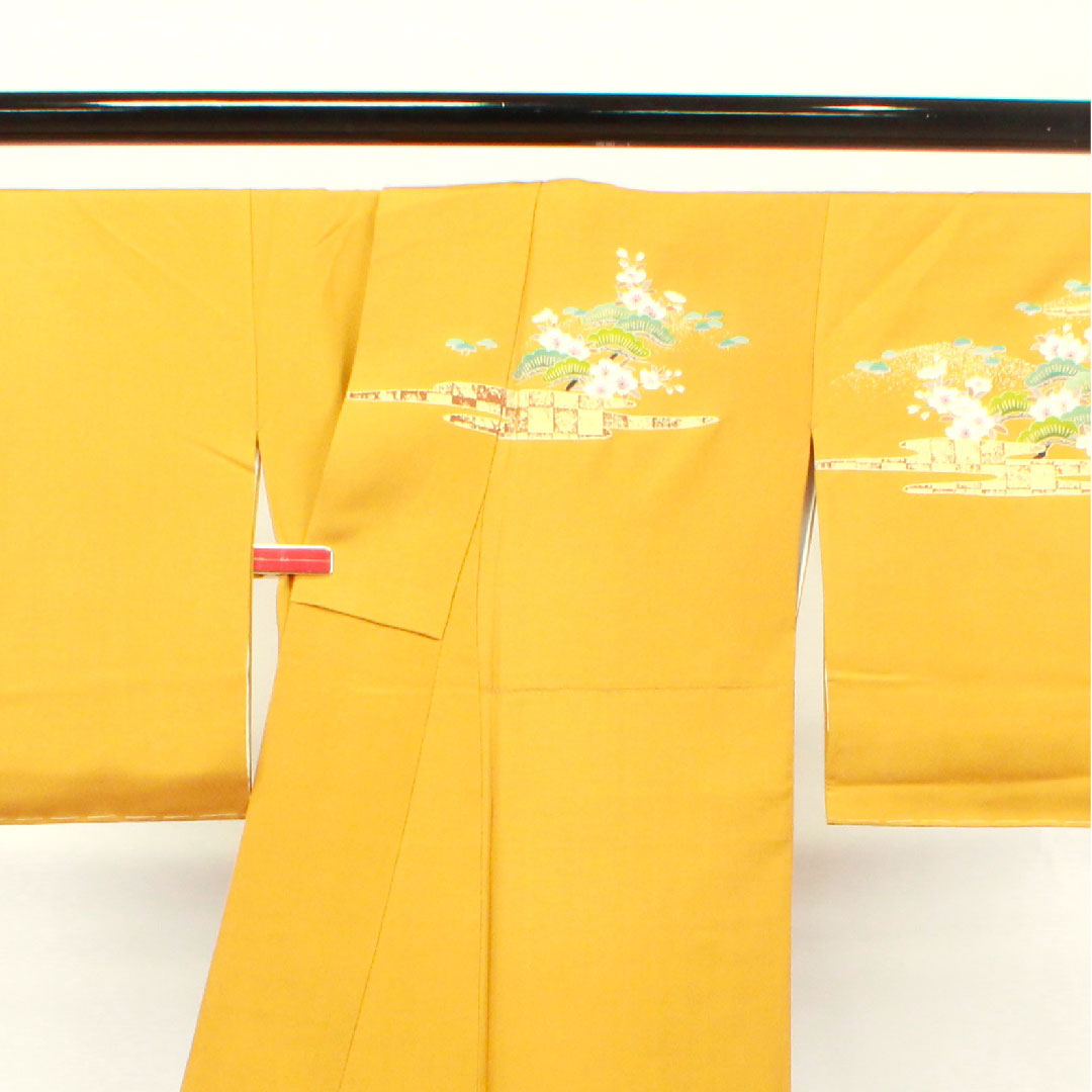 Homongi, lined, length 158.5cm, sleeve length 61.5cm, tan, Kyo-Yuzen, cherry blossom, pure silk, S rank, yellow, 1112002212323