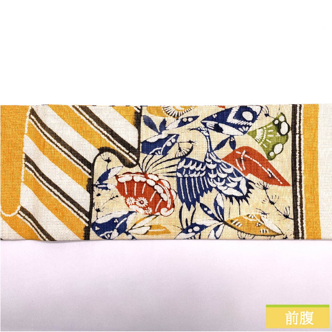 Nagoya obi, Forget-me-not color, stencil-dyed, crane, pongee fabric, obi length 362cm, pure silk, S rank, point pattern, casual, orange, 1124005482326, Nagoya style