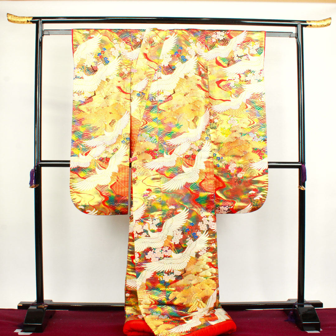 色打掛 身丈182cm 唐織 鶴 松 梅 波 正絹 Sランク 袷 グラデーション系 1110000582999