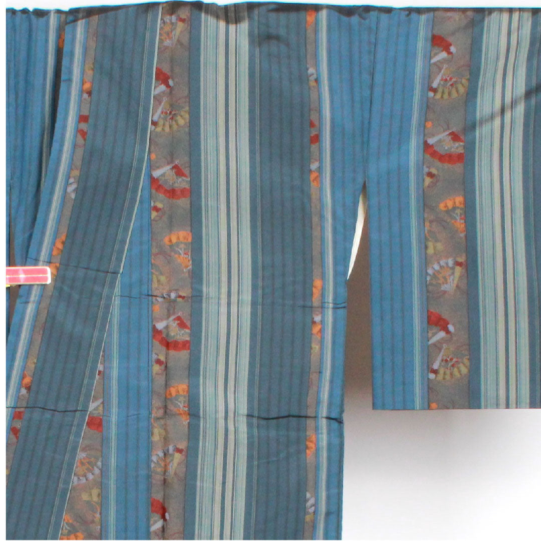 Oshima Tsumugi Length 155cm Sleeve length 69.5cm Navy blue, indigo iron, striped pattern, pure silk, A rank, lined, blue 1116001693317
