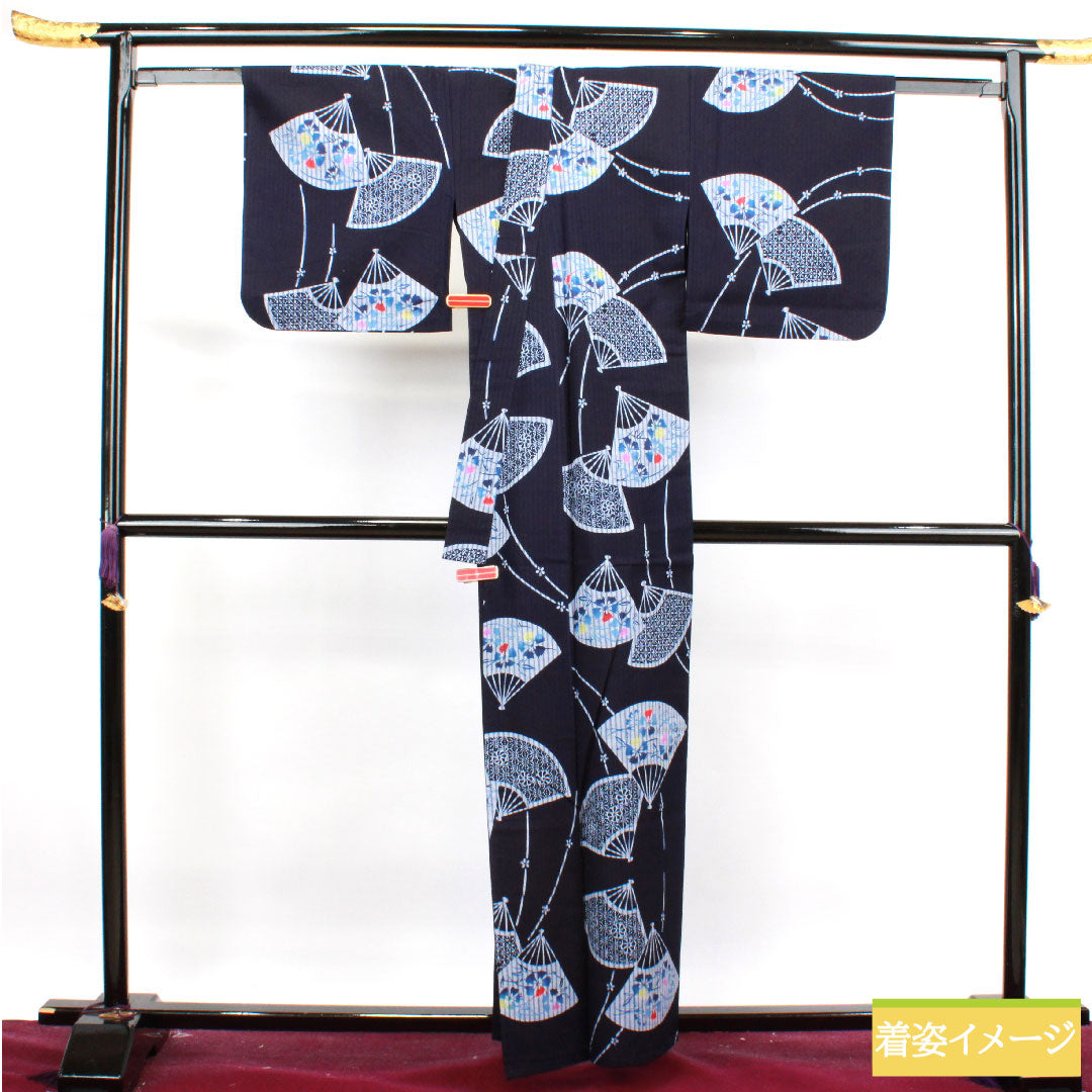 Yukata Cotton Length 160cm Sleeve length 65.5cm S rank Single layer Navy blue Folding fan Floral pattern 1118004522418