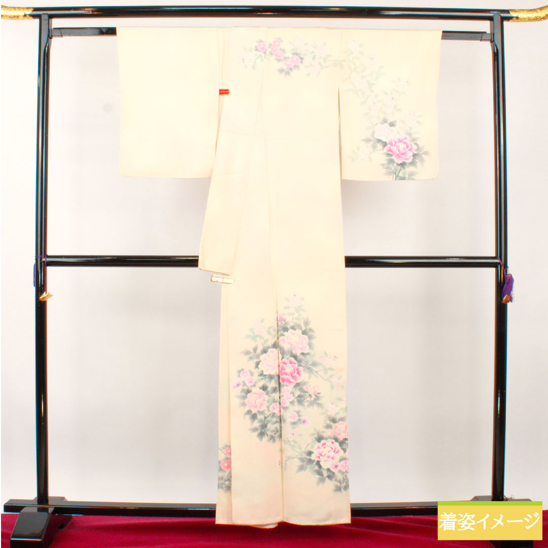 Homongi, pure silk, lined, length 159cm, sleeve length 65cm, hand-painted, floral pattern, artist's work, A rank, pink, 1112004553313