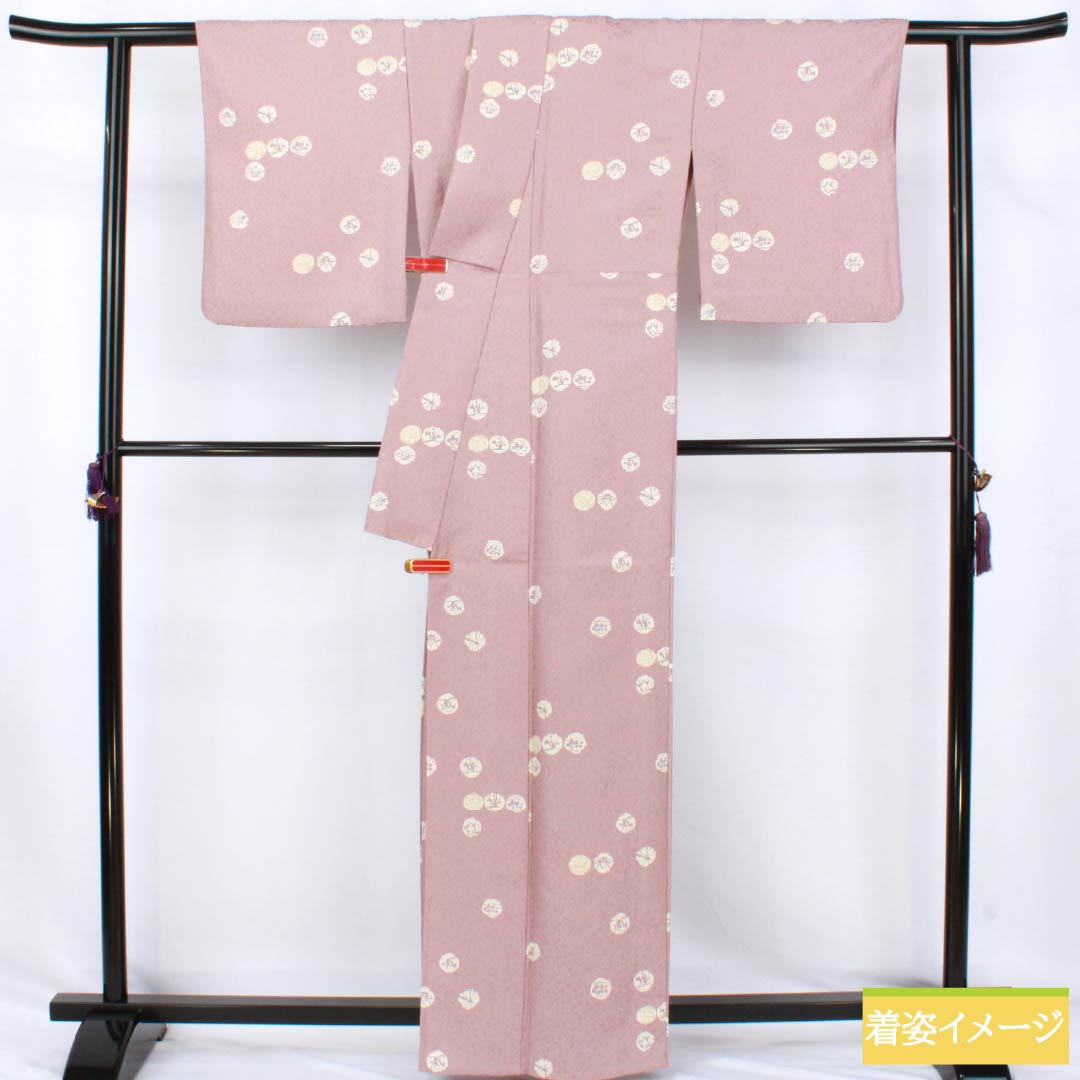 Komono Polyester S-rank length 162cm sleeve length 64.5cm unlined Naniwa-nezumi color stencil dye circle abstract pattern washable kimono pinkish 1115007972413