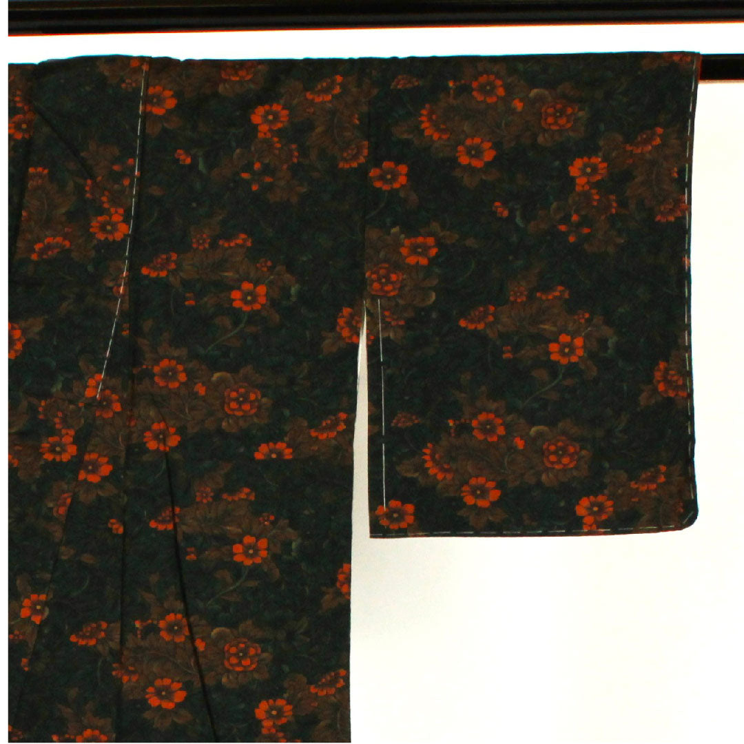 Komon, Length 164.5cm, Sleeve length 65cm, Awase, Hand-woven pongee, Flower pattern, Pure silk, S rank, Green, 1115000562419