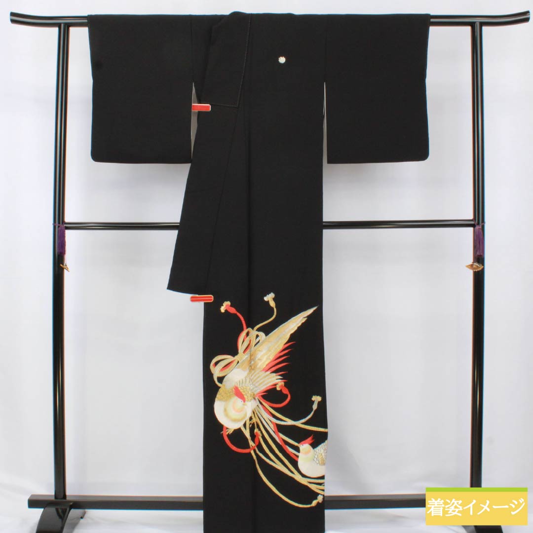 Black Tomesode (Japanese Kimono) - Pure Silk, Grade A, Length 161.5cm, Sleeve Length 64cm, Lined, Five Crests, Swallowtail Butterfly Embroidery, Bird Design, Braided Cord, Black, Item Number 1111001813410