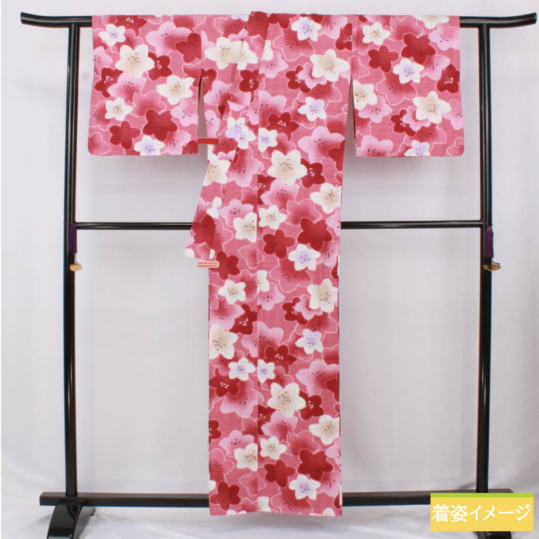 浴衣 木綿 身丈158.5cm 裄丈68.5cm Sランク 単衣 ピンク系 桃紅色(とうこうしょく) 花 1118006452313