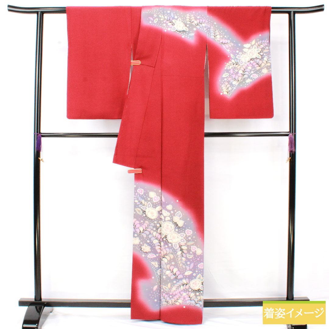 訪問着 正絹 袷 身丈163.5cm 裄丈64.5cm 臙脂色(えんじいろ) 辻ヶ花 Aランク 赤系 1112005823412