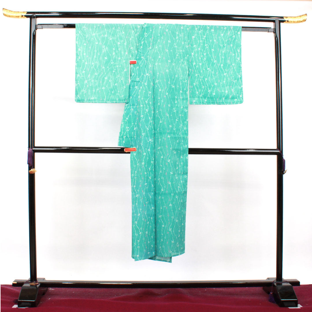 Summer kimono, polyester, small pattern, length 137cm, sleeve length 62cm, light blue, washable kimono, geometric pattern, with basting thread, silk, S rank, light blue, 1132001342124