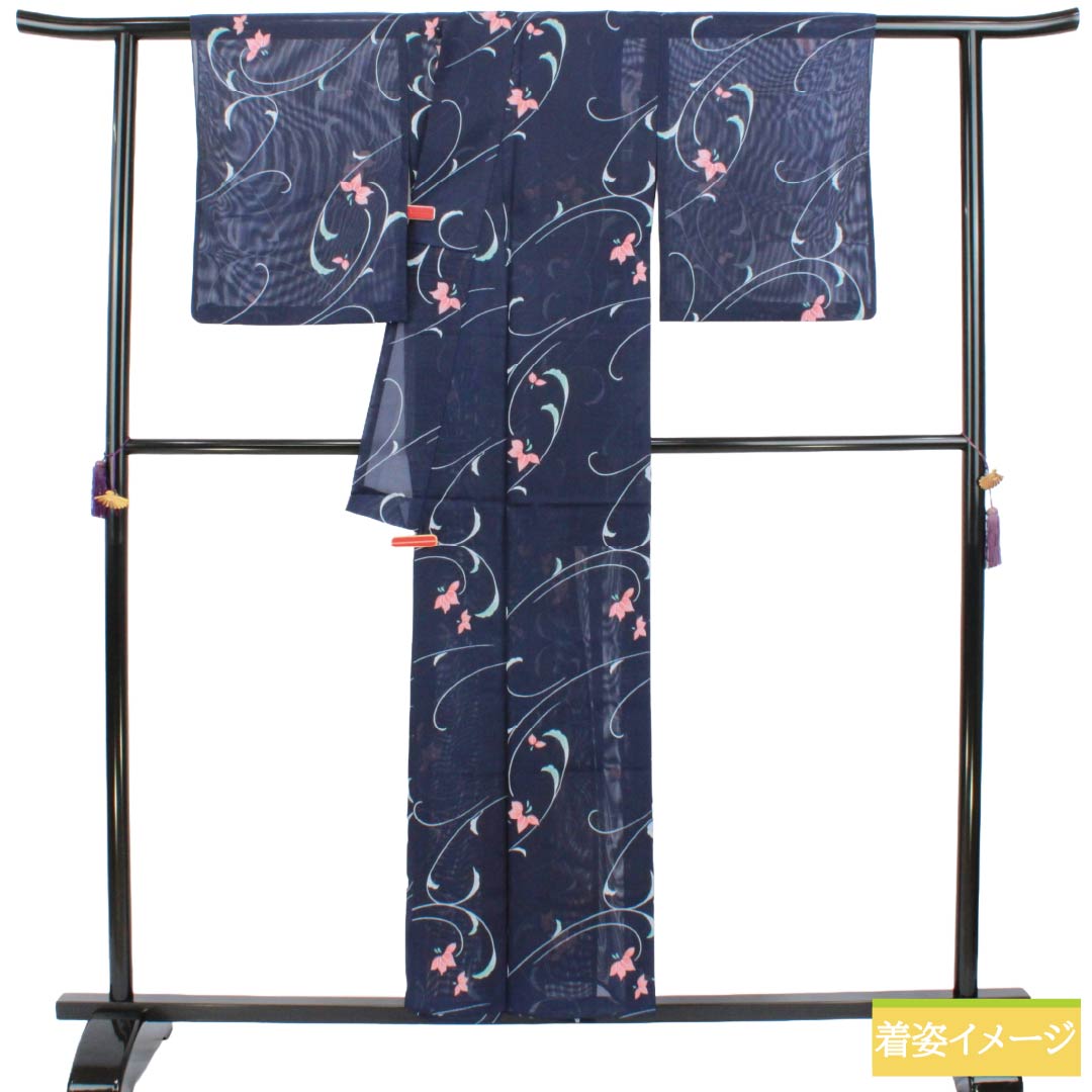 夏物 ポリエステル 小紋 Sランク 身丈154cm 裄丈64cm 濃紺色(のうこんいろ) 草花模様 洗える着物 絽 紺系 1132003432218