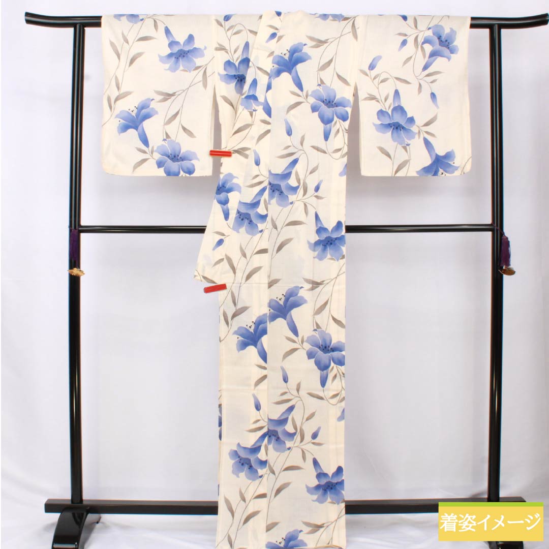 Cotton Yukata, Length 167.5cm, Sleeve Length 70cm, A Rank, Single Layer, Cream, Light Color (Usunikuro), Lily Pattern, 1118006223515