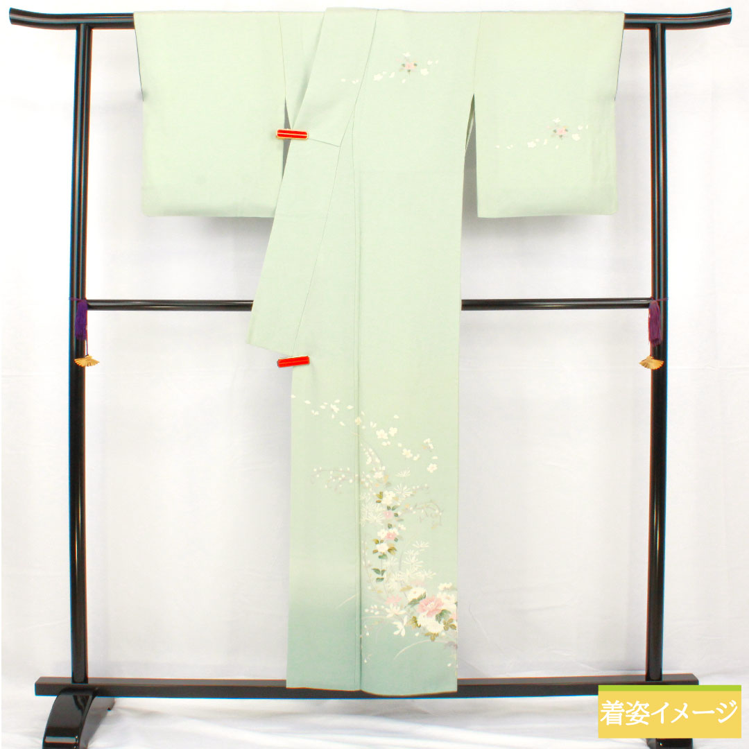 訪問着 正絹 袷 身丈153cm 裄丈65.5cm 秘色(ひそく) 京友禅 桜 椿 菊 スーパーガード加工 Aランク 水色系 1112005503224
