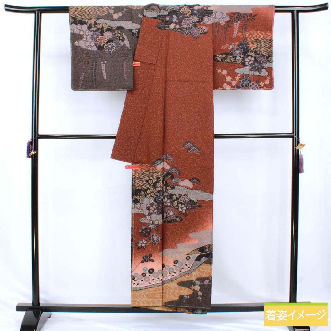 訪問着 正絹 Sランク 袷 身丈153cm 裄丈63cm 消炭色(けしずみいろ) 朱殷色(しゅあんいろ) 京友禅 絞り 銀通し 古典柄 マルチカラー 1112007702228