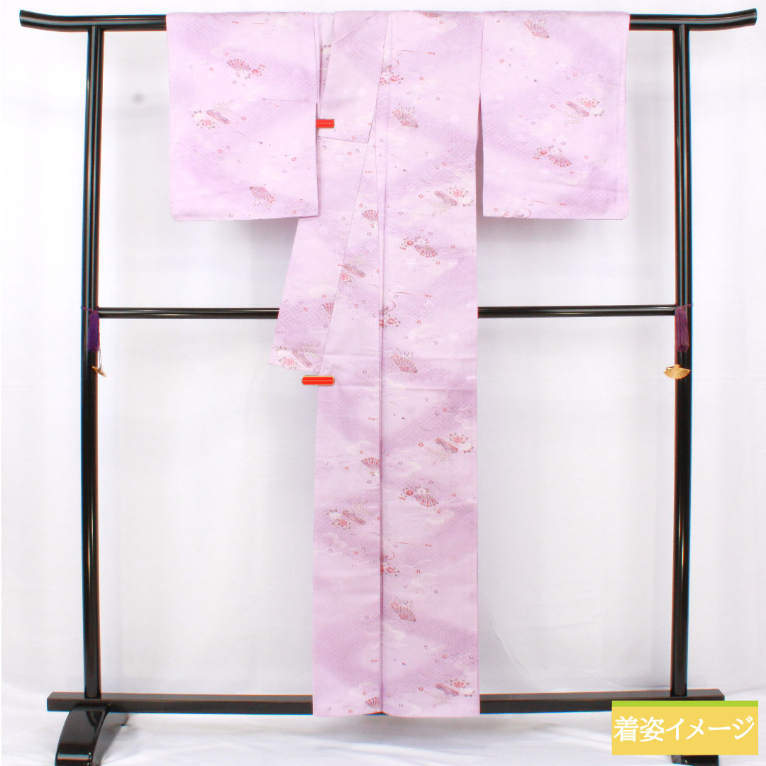 Small pattern, polyester, length 157cm, sleeve length 63cm, lined, light purple, washable kimono, auspicious motif, basting thread included, unused, S rank, purple, 1115004572320