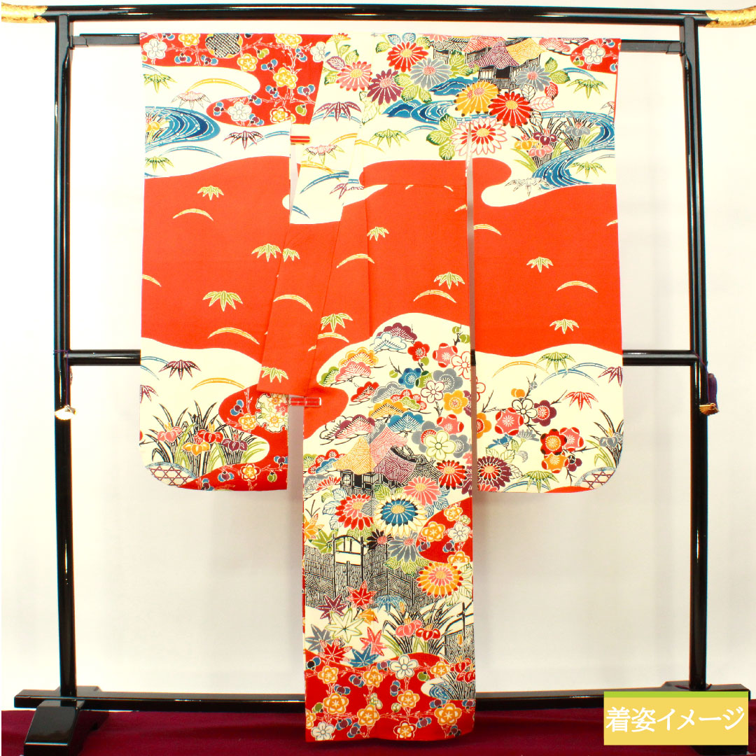 振袖 正絹 身丈163cm 裄丈65.5cm 袷 緋色 京紅型 吉祥文様 Sランク 朱系 1113001922416