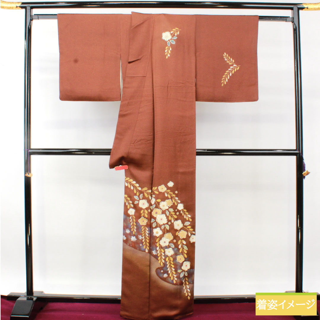 Homongi, pure silk, lined, length 163.5cm, sleeve length 68cm, chestnut color, Tsujigahana, one crest, Nakainkenkatabami, A rank, brown, 1112004913414