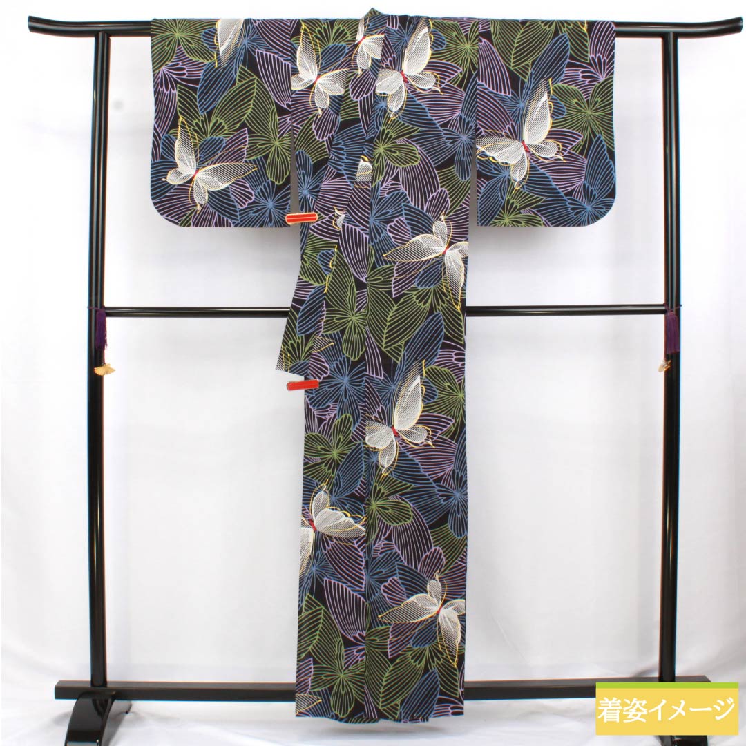 浴衣 木綿 身丈160.5cm 裄丈63.5cm Sランク 単衣 黒系 蝶 1118006342410