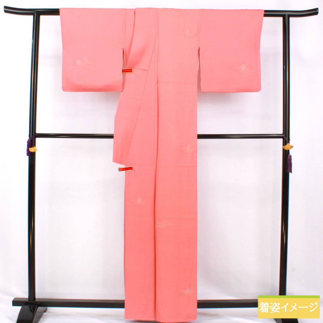 Solid-colored kimono (iromuji) made of pure silk, grade A, length 161cm, sleeve length 63cm, peach-red (tokoshoku) color, Kumi silk, durable dyeing, Tango crepe, lined, pink, product number 1114002443413