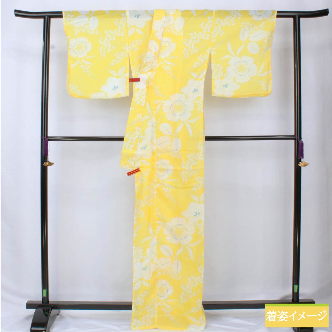 (新品未使用品) 浴衣 ポリエステル 身丈167.5cm 裄丈65cm NEWランク 単衣 黄系 黄色 花柄 桔梗 萩 1118005741523