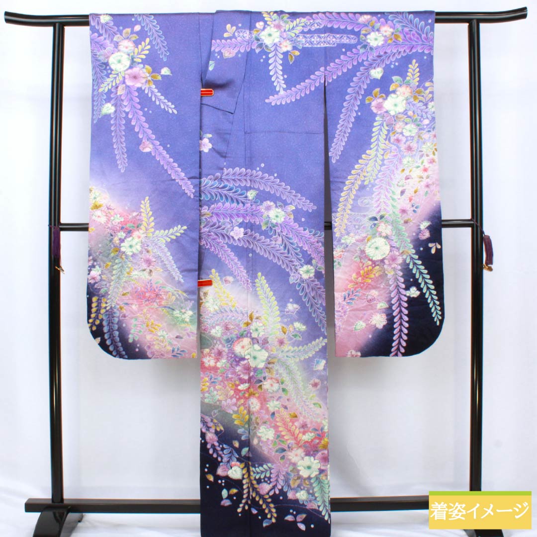 振袖 正絹 Bランク 身丈164cm 裄丈64.5cm 袷 竜胆色(りんどういろ) 京友禅 辻ヶ花 銀通し 絞り ソフトガード加工 紫系 1113002134420