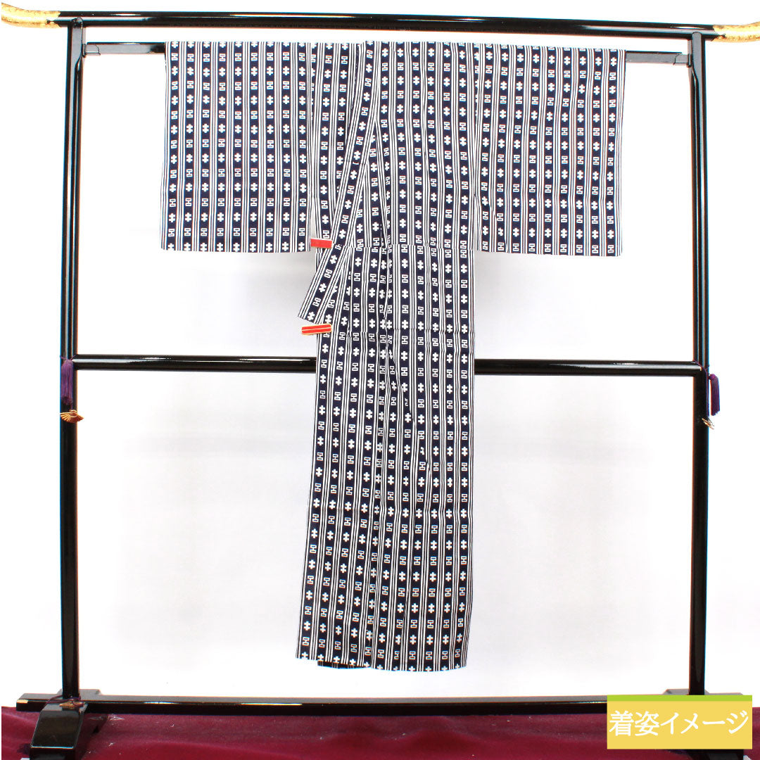 Men's Yukata Cotton Length 144.5cm Sleeve Length 67cm S Rank Unlined Navy Geometric Pattern 1118004932418