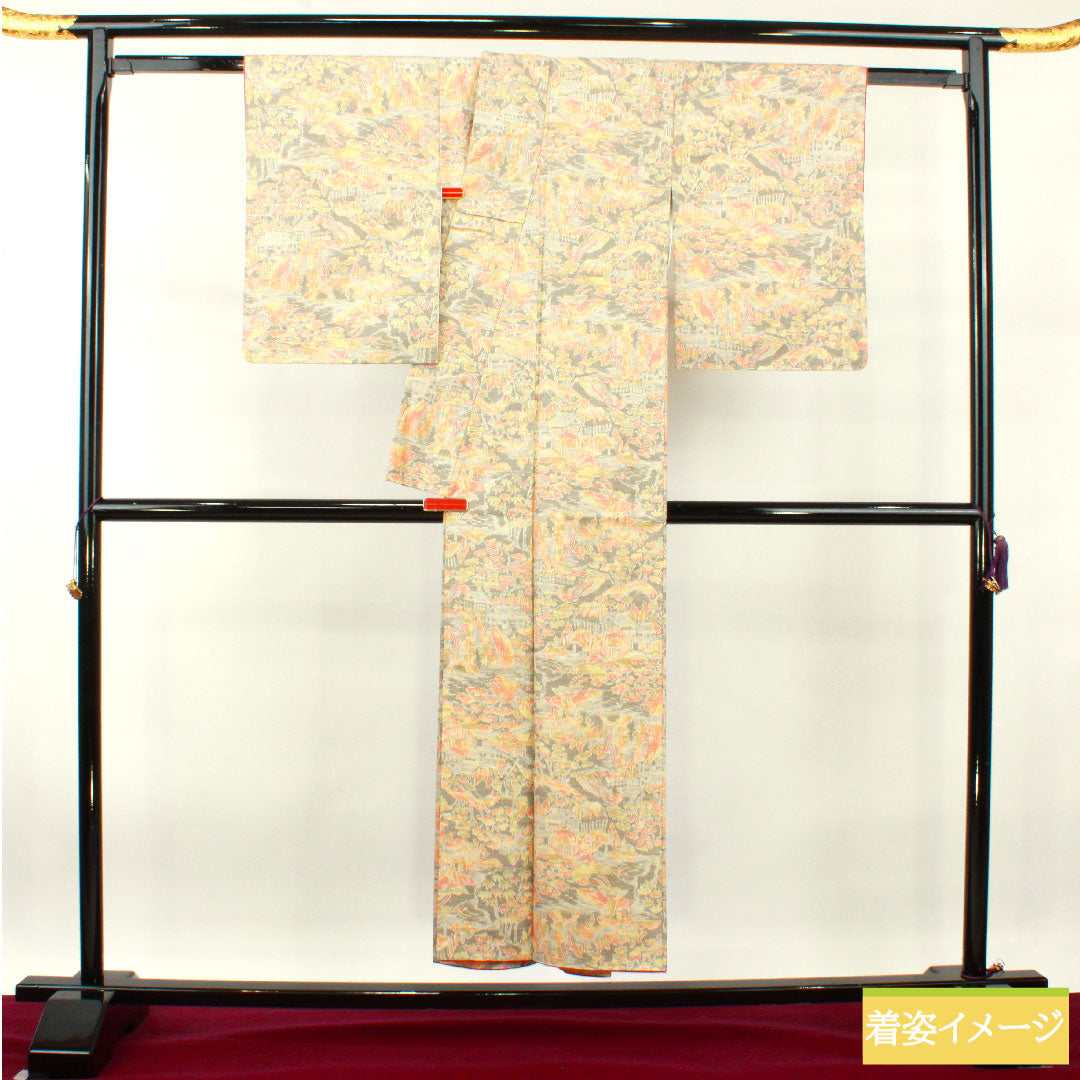 紬 正絹 身丈150.5cm 裄丈62cm 絹鼠色(きぬねずいろ) 風景模様 しつけ糸付き 未使用品 Sランク 袷 グレー系 1116003402122