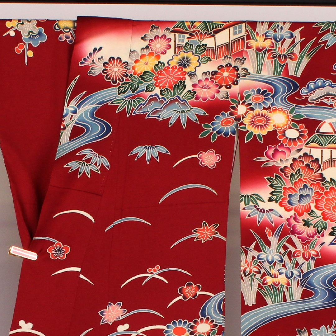 Long-sleeved kimono, length 167cm, sleeve length 66cm, lined, Kyoto Bingata, Chayatsuji pattern, pure silk, A rank, red, 1113000103512