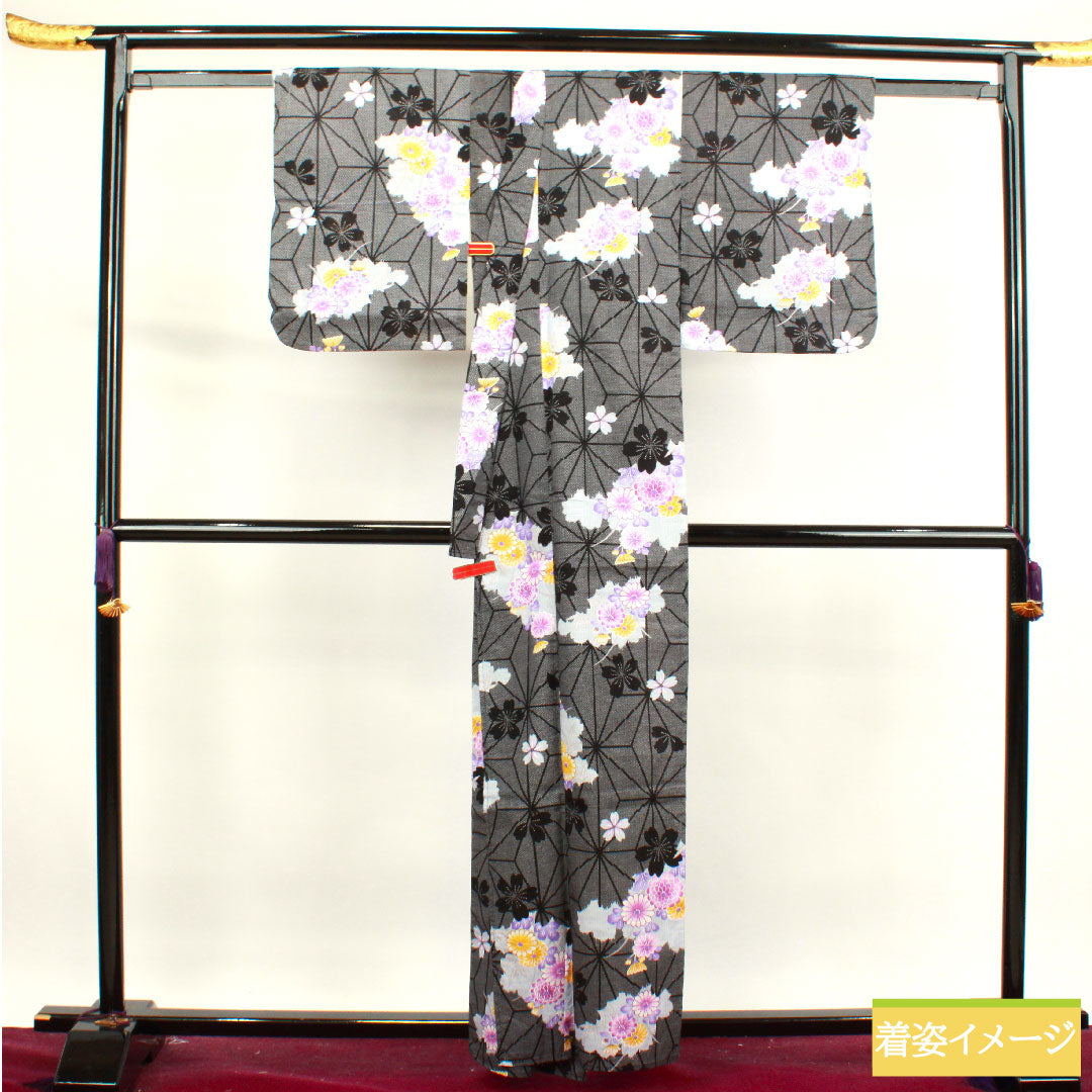 Yukata Cotton Length 160cm Sleeve length 64cm S rank Single layer Black Hemp leaf Chrysanthemum Cherry blossom 1118004532410