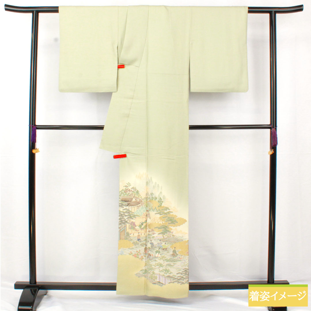 色留袖 正絹 身丈159cm 裄丈63cm 袷 薄緑色(うすみどりいろ) 寿光織 風景模様 一つ紋 Sランク 緑系 1111001702319