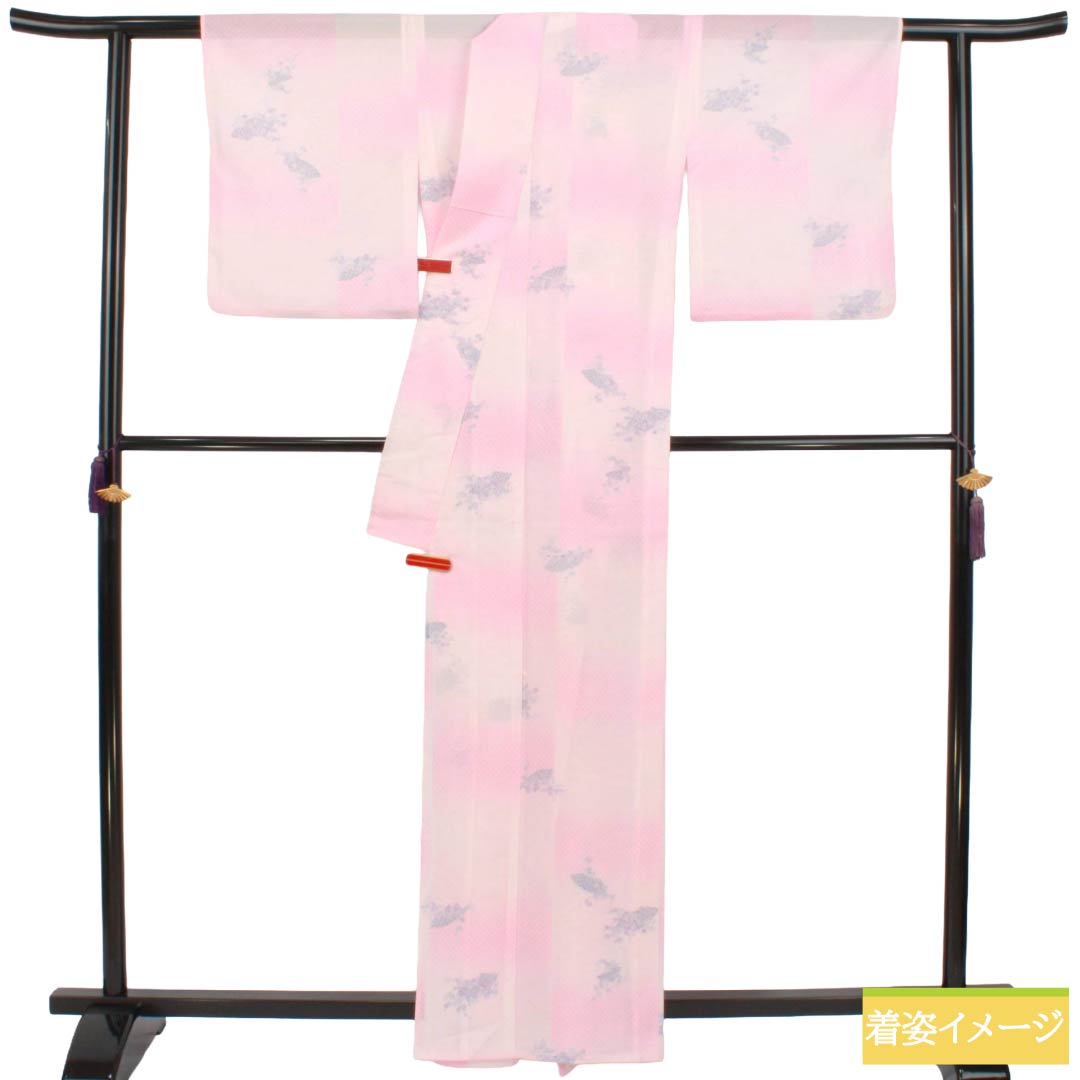 Summer Polyester Kimono, Komon, S Rank, Length 162.5cm, Sleeve to Shoulder 64.5cm, Asabeni-iro (pale red), Ichimatsu Check and Classic Patterns, Washable Kimono, Ro (gauze-weave), Pink Tones, 1132003272413