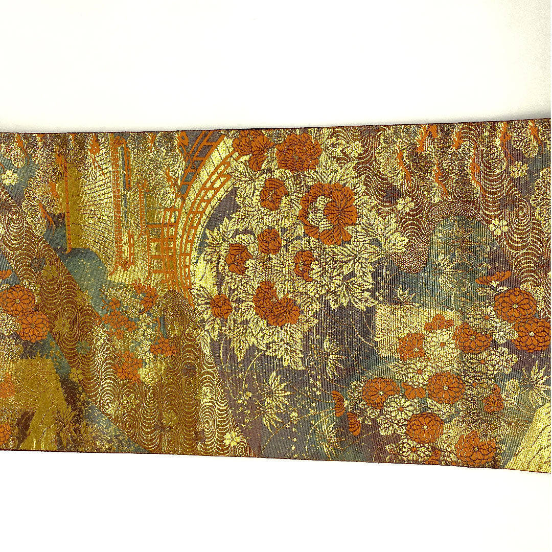 袋帯 手織り 御所絵巻文様 本金箔24金 帯丈432cm 正絹 Aランク 六通 フォーマル 茶系 1123003653314