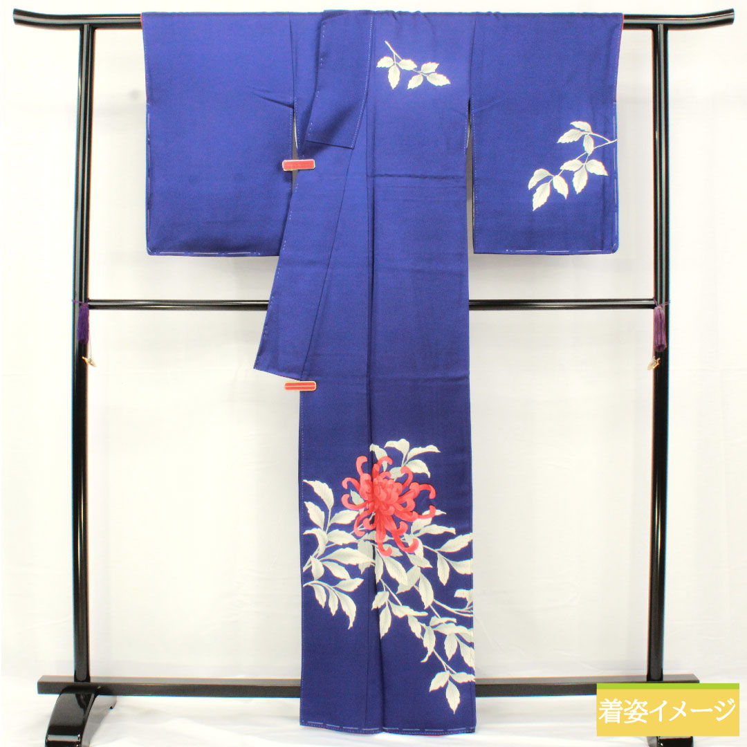 Homongi, pure silk, lined, length 163.5cm, sleeve length 65.5cm, lapis lazuli, Kyoto Yuzen, chrysanthemum, with basting thread, A rank, navy blue, 1112005283418