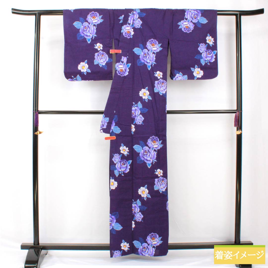 浴衣 木綿 身丈160.5cm 裄丈62cm Sランク 単衣 紫系 紫紺色(しこんいろ) 薔薇 1118005342420