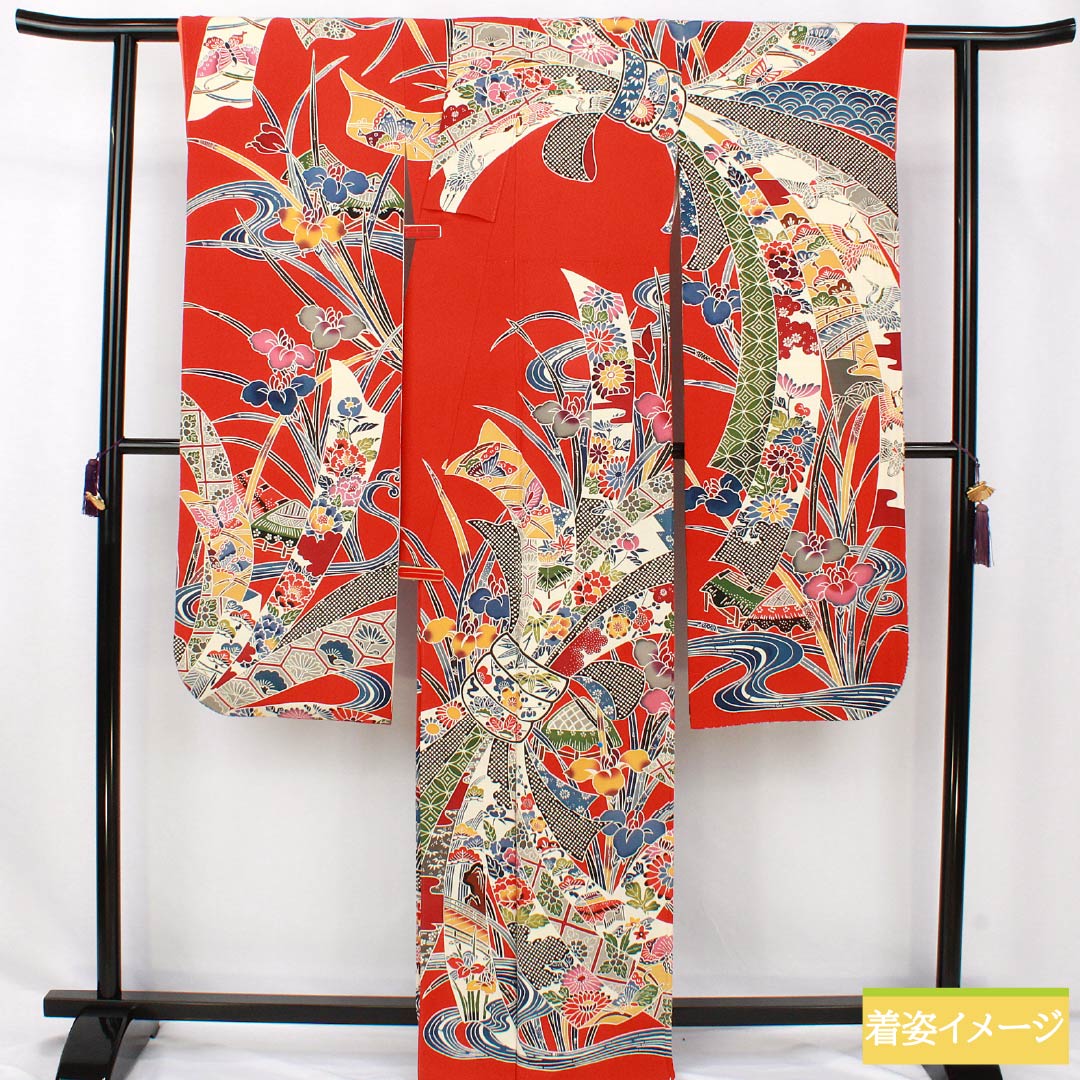 Furisode (long-sleeved kimono) made of pure silk, S-rank, length 166cm, sleeve length 67cm, lined, red, Kyoto Bingata pattern, with a bundled noshi (gift tag) and red crepe fabric, product number 1113002412512