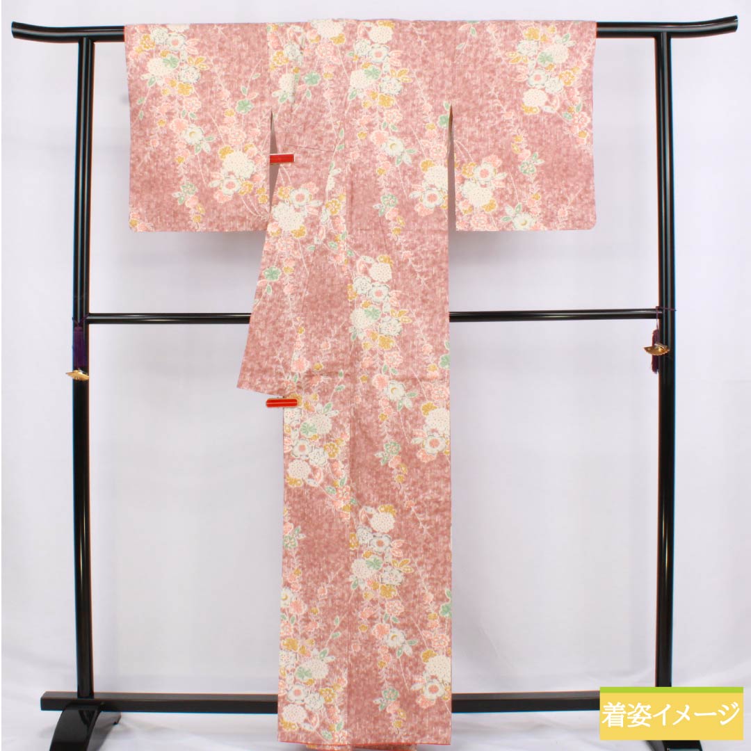 Komon (small pattern) kimono, pure silk, length 162.5cm, sleeve length 62cm, lined, light purple (asa-kisu-iro) color, tsumugi fabric, Tsujigahana (flower) pattern, A rank, pink, 1115006233413