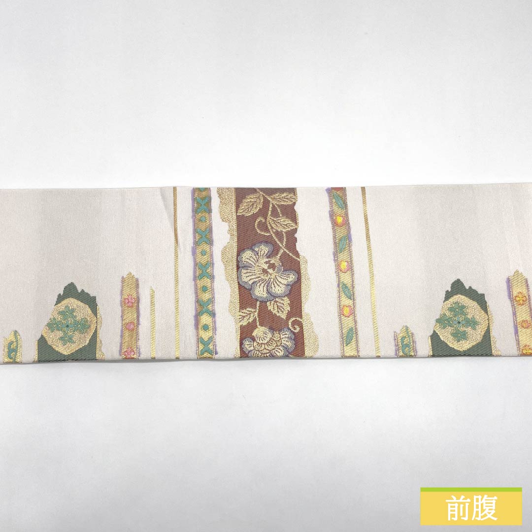 Nagoya Obi, Polyester, S-Rank, Classic Pattern, Horizontal Stripes, Chinese Flowers, Length 372cm, Pointed Pattern, Semi-Formal, White, 1124010792311, Nagoya Style