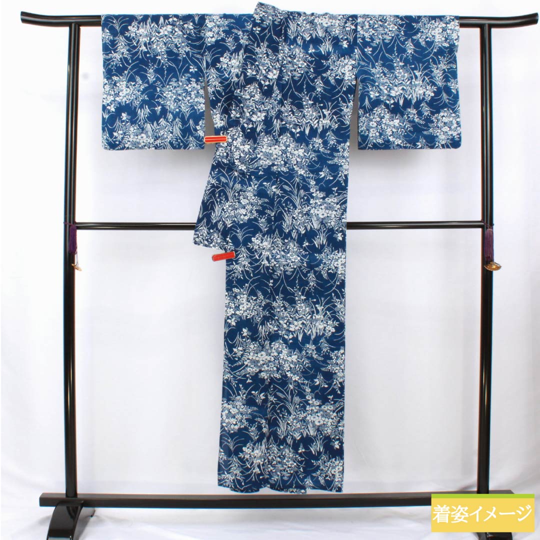 Cotton Yukata (Japanese summer kimono), Length 149cm, Sleeve Length 63.5cm, S Rank, Navy Blue with Indigo and Bellflower Pattern, Cotton Ro, All-over Floral Pattern, Product Number: 1118006352118