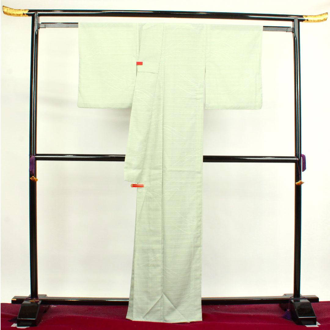 夏物 ポリエステル 小紋 身丈166cm 裄丈63.5cm 秘色色(ひそくいろ) 抽象模様 洗える着物 絽 Sランク 緑系 1132000882519