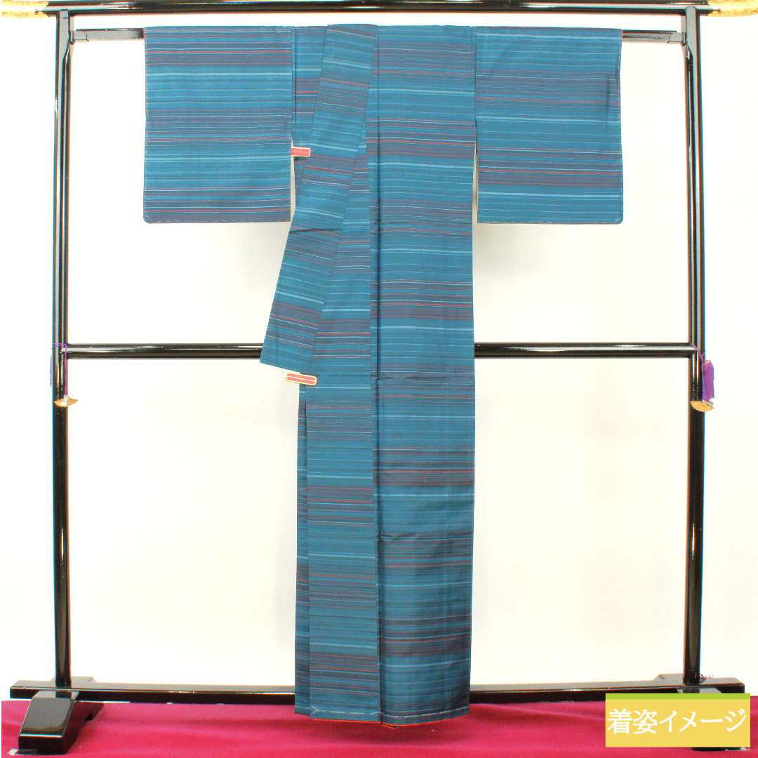 Tsumugi silk, length 160cm, sleeve length 66cm, Noshime Hanairo (flower color), Striped Oshima, with basting thread, A rank, lined, blue, 1116003643417