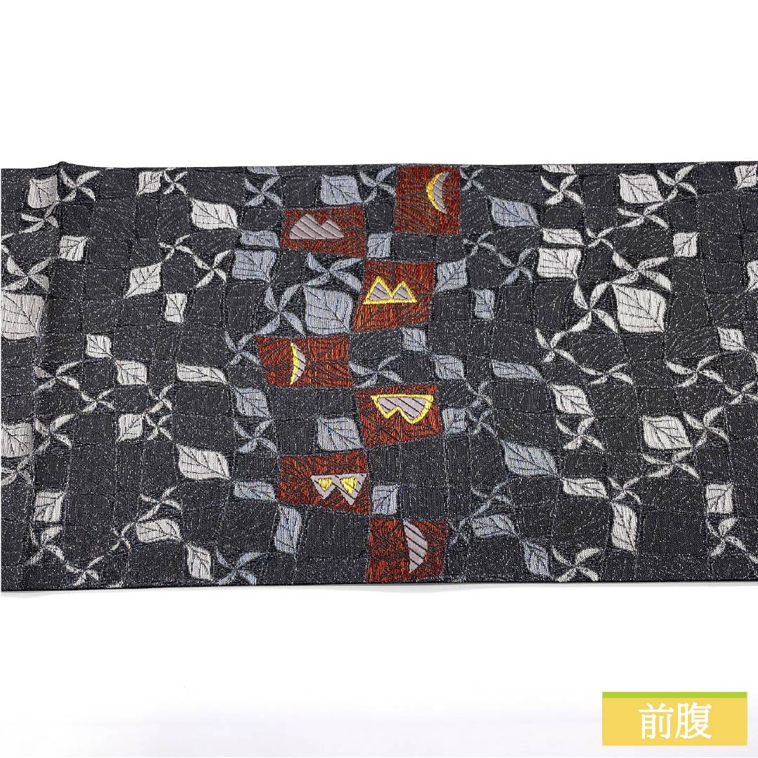 Reversible Fukurokuju Obi (Sekiban-iro) Silk Obi by Hondaya Genbei, featuring an owl and floral motif. Length: 454cm. S-Rank. Casual, gray accents. Product code: 1123013212422