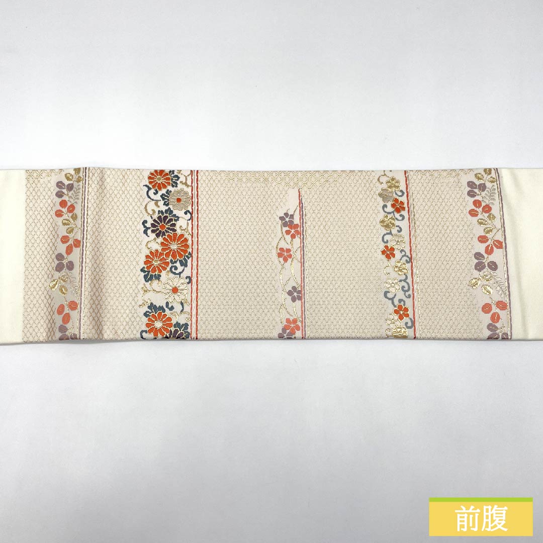 Nagoya Obi, Pure Silk, Grade B, Gofun-iro (White Powder-Colored), Chinese Flower Pattern, Horizontal Stripes, Pointed Pattern, Semi-Formal, 358cm Long, White, Item Number 1124009604311, Nagoya Style