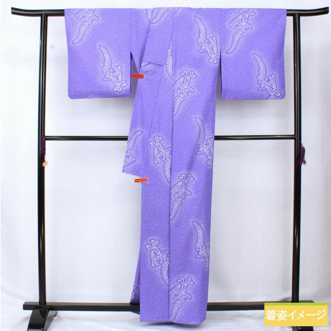 Komon (small pattern) kimono, polyester, length 161.5cm, sleeve length 65.5cm, single layer, iris-colored (kakitsubatairo) with wisteria pattern, washable, S rank, purple, product number 1115006042420