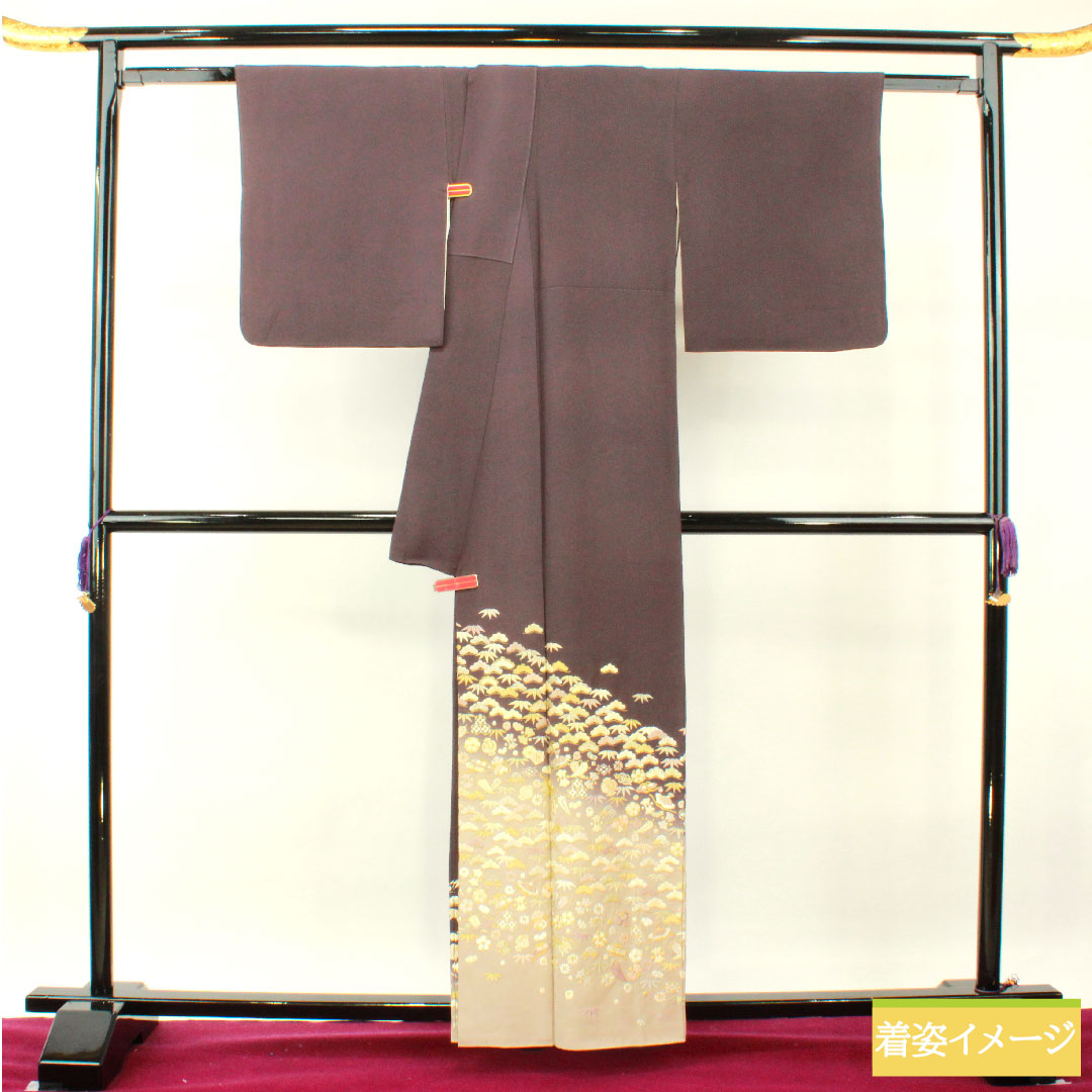 色留袖 正絹 身丈159.5cm 裄丈66cm 袷 紫烏色(しうしょく) 蘇州刺繡 吉祥文様 パールトーン加工 Aランク 紫系 1111001303320