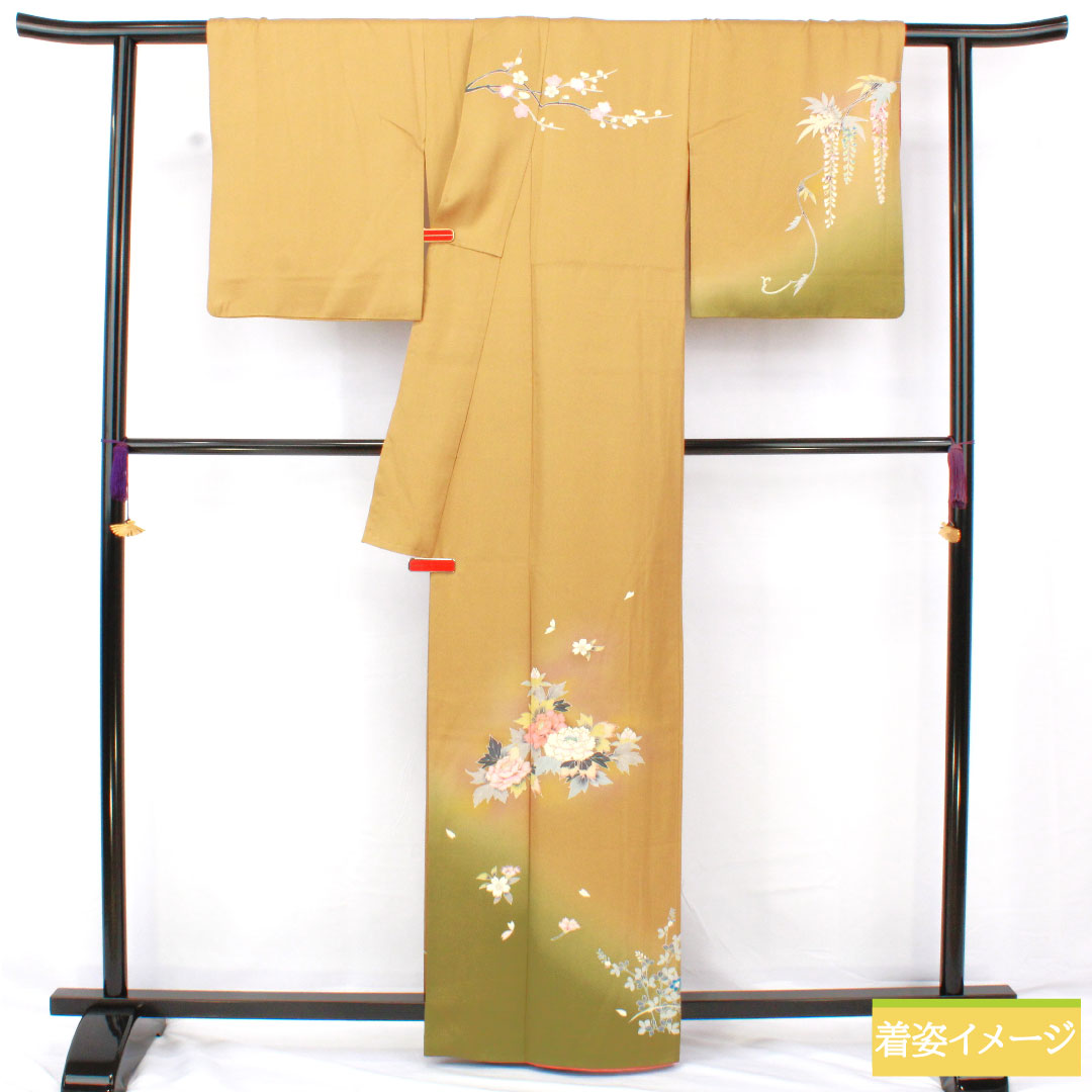 訪問着 正絹 袷 身丈163.5cm 裄丈63.5cm 黄土色(おうどいろ) 京友禅 草花模様 Aランク 黄系 1112005683423