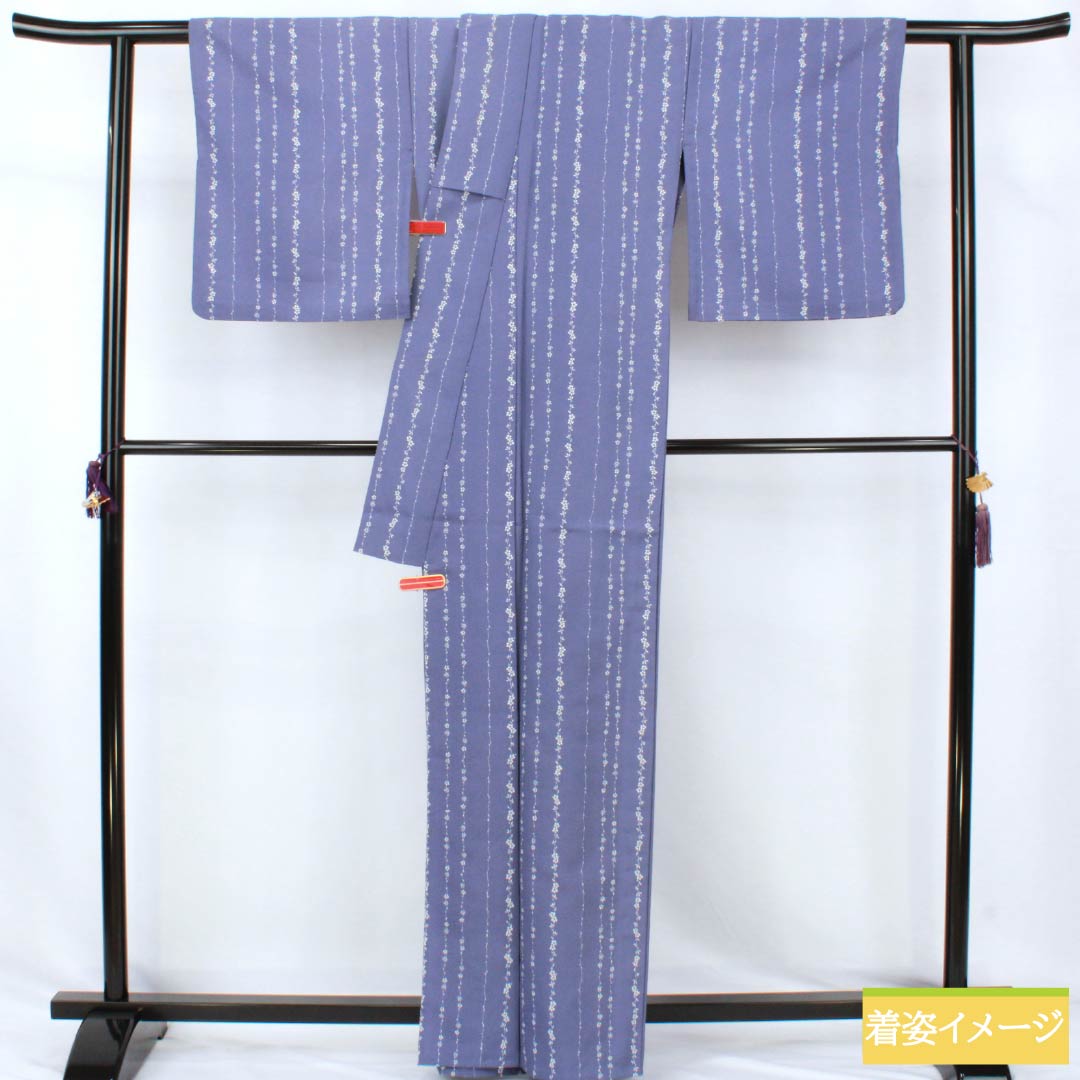 小紋 ポリエステル Aランク 身丈162.5cm 裄丈66cm 単衣 二藍色(ふたあいいろ) 型染 小花 洗える着物 紫系 1115008053420