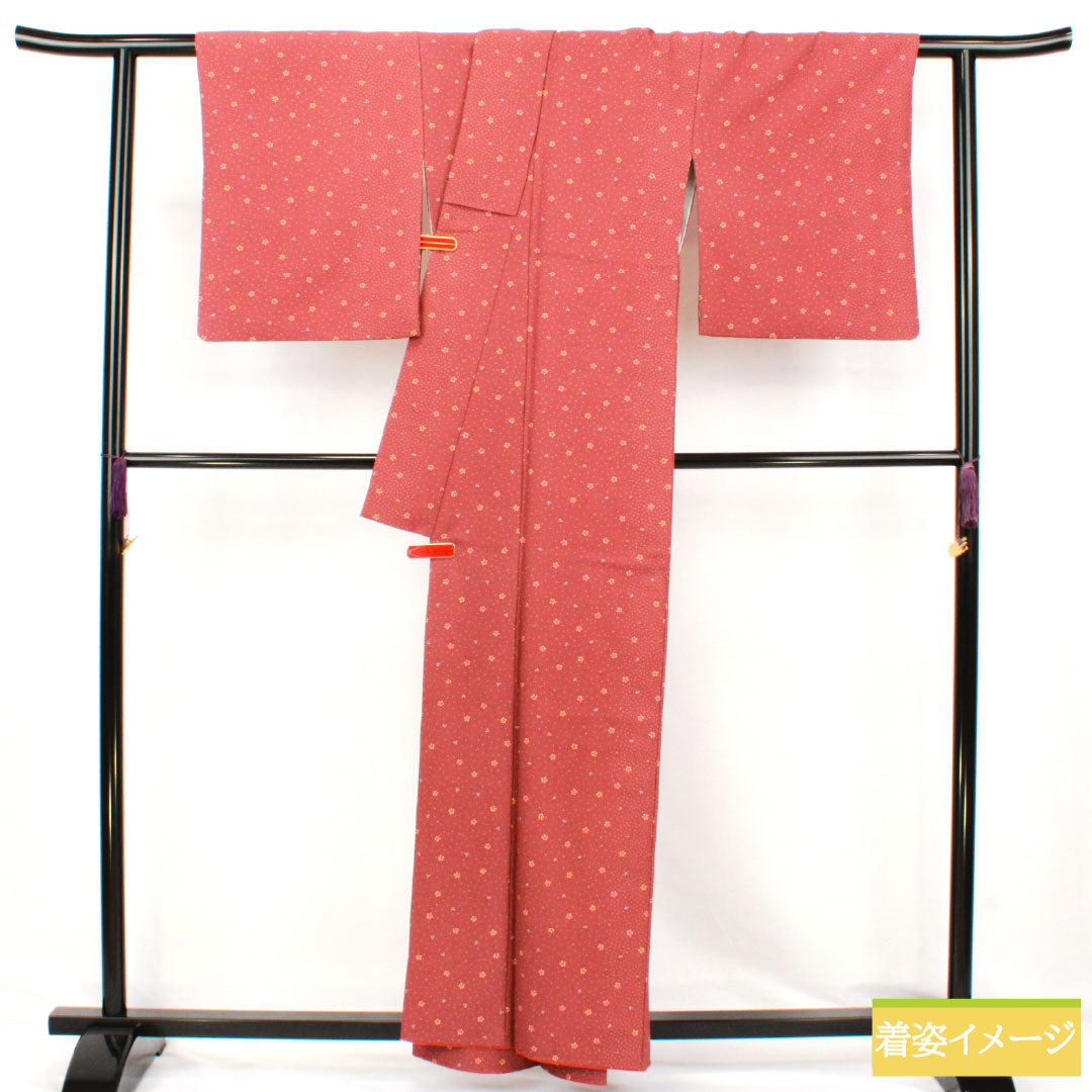 小紋 ポリエステル Sランク 身丈160cm 裄丈67cm 袷 椎鈍色(しいにびいろ) 洗える着物 抽象模様 赤系 1115007582412